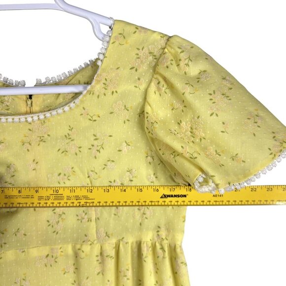 70s Yellow S Floral Textured Empire Waist Maxi Dress Flutter Sleeves Cottagecore - Picture 14 of 16